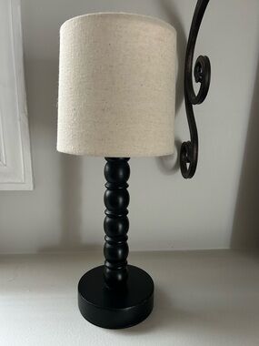 Black Turned Wood Mini Cordless Lamp with Linen Shade and 3 Light Settings